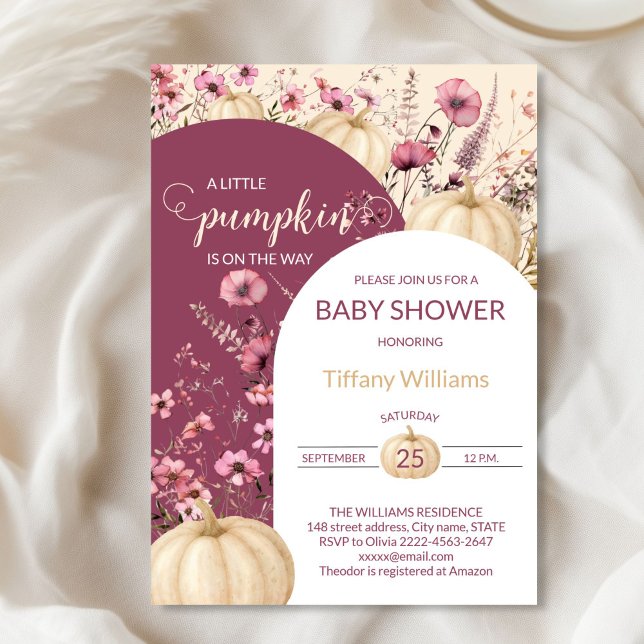 Invitación Suave Pastel de agua La calabaza cae flores silves (Pink Rustic Pumpkin Baby Shower Invitation | Neutral Fall Floral Autumn Theme)