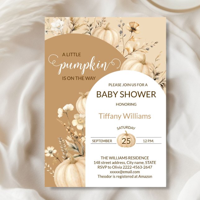 Invitación Suave Pastel de agua La calabaza cae flores silves (Beige Rustic Pumpkin Baby Shower Invitation | Neutral Fall Floral Autumn Theme)