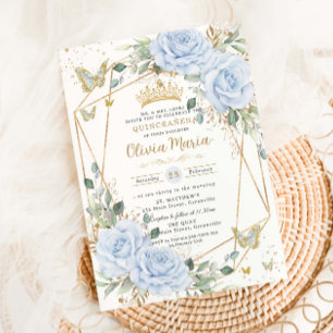 Invitación Suave Quinceañera Azul Floral Mariposas Doradas