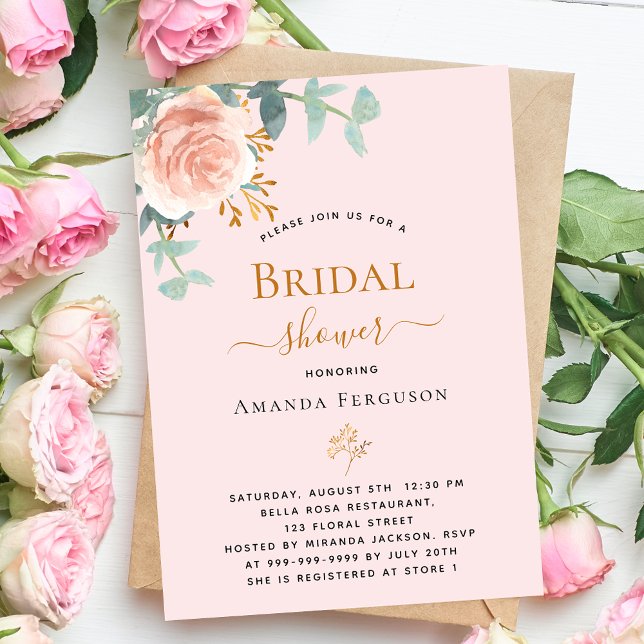 Invitación Suave rosa dorado dorado verde floral Bridal Showe (Subido por el creador)