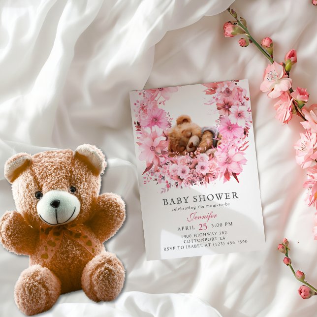 Invitación Suave rosa Floral Dormido Teddy Bear Baby Shower (Subido por el creador)