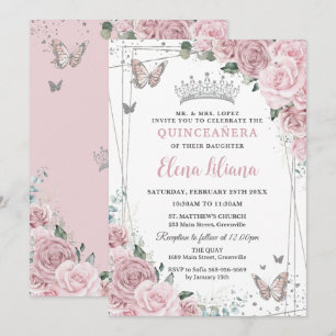 Invitación Suave Rosa Floral Mariposas Quinceanera 15