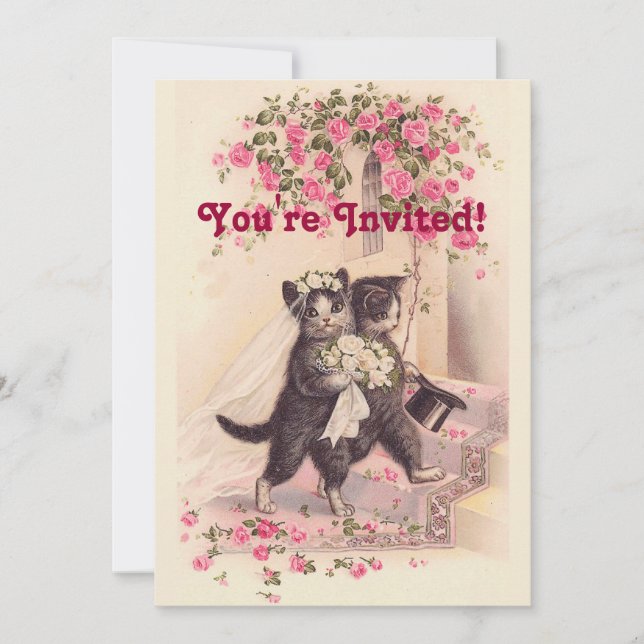 Invitación suave rosada de gatos de bodas de vinta (Anverso)