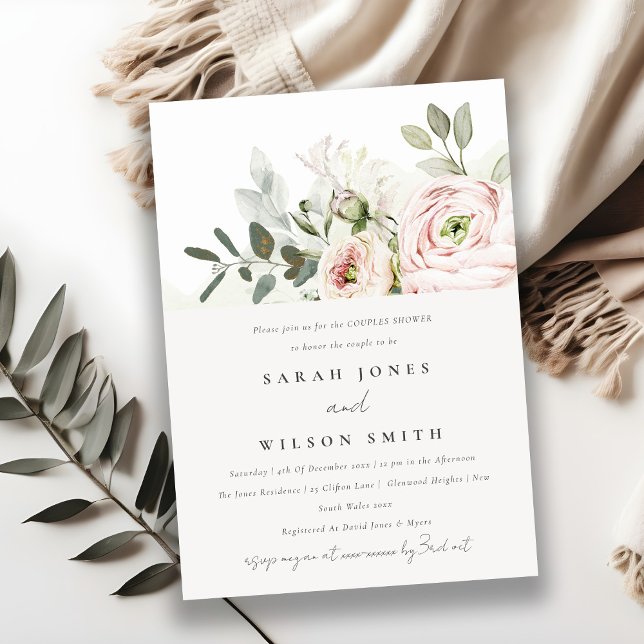 Invitación Suave Rubor Peony Eucalyptus Foliage Parejas Ducha (Subido por el creador)