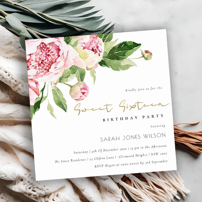Invitación Suave Rubor Peony Floral Sweet Dieciséis cumpleaño (Subido por el creador)