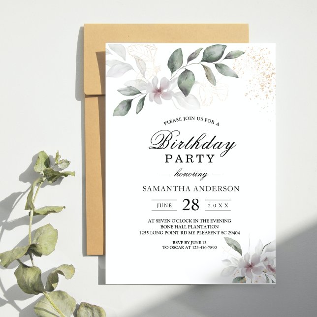 Invitación Suave Verde Acuarela Hoja y Flor | Oro (Subido por el creador)