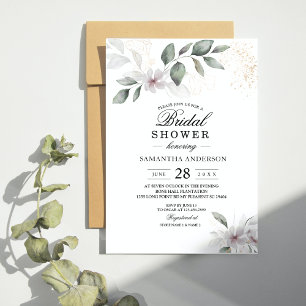 Invitación Suave Verde Acuarela Hoja y Flor Oro