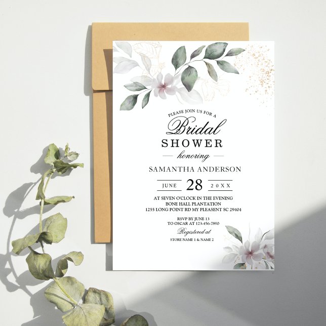 Invitación Suave Verde Acuarela Hoja y Flor | Oro (Subido por el creador)