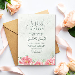 Invitación Suave Verde y Rosa Brillo Floral Dulces 16 Cumplea