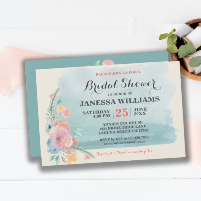 Invitación Suave y dulce ducha de novia Verde azulada de Boho (SWEET TEAL PINK BOHO FLORAL BRIDAL SHOWER INVITATION)