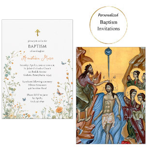 Invitación Suaves flores silvestres y mariposas Bautismo orto