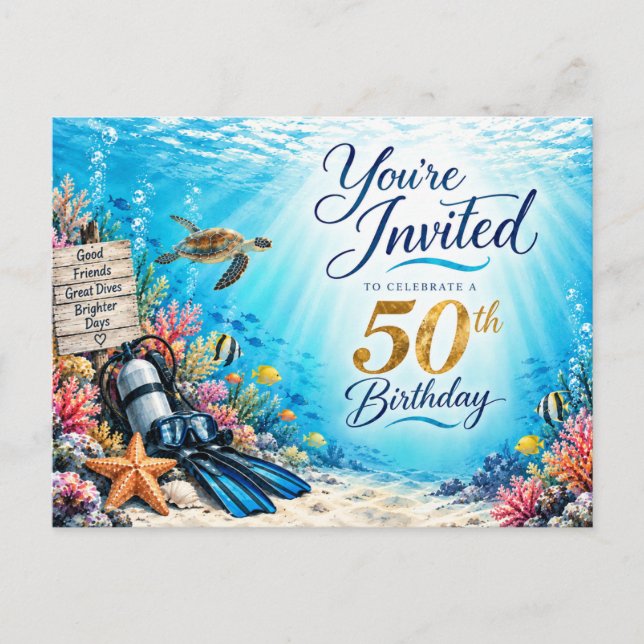 Invitación Subacuática para Cumpleaños 50 de Bucea (Anverso)