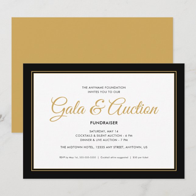 Invitación Subasta y recaudación de fondos de Gala Negra y Or (Anverso / Reverso)