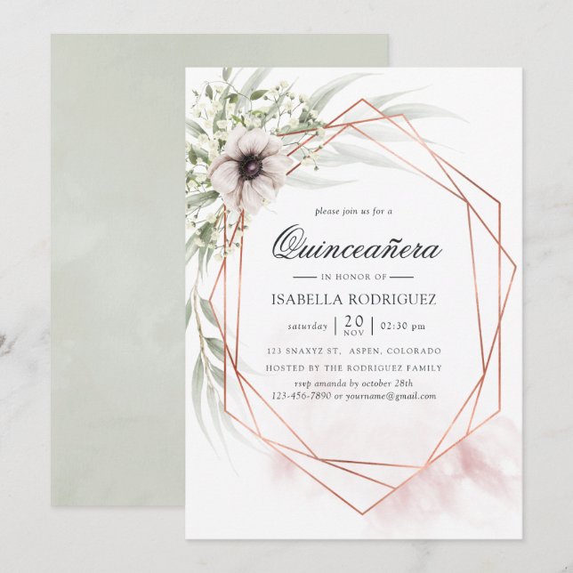 Invitación Subcolor de agua Eucalyptus Quinceañera geométrica (Anverso / Reverso)