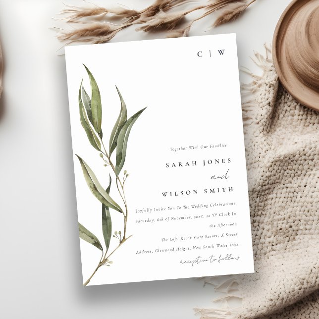 Invitación Subcolor de agua simple Eucalyptus Boda botánico (Subido por el creador)