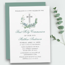 Invitación Subcolor Eucalyptus Plata Verde Primera Comunión