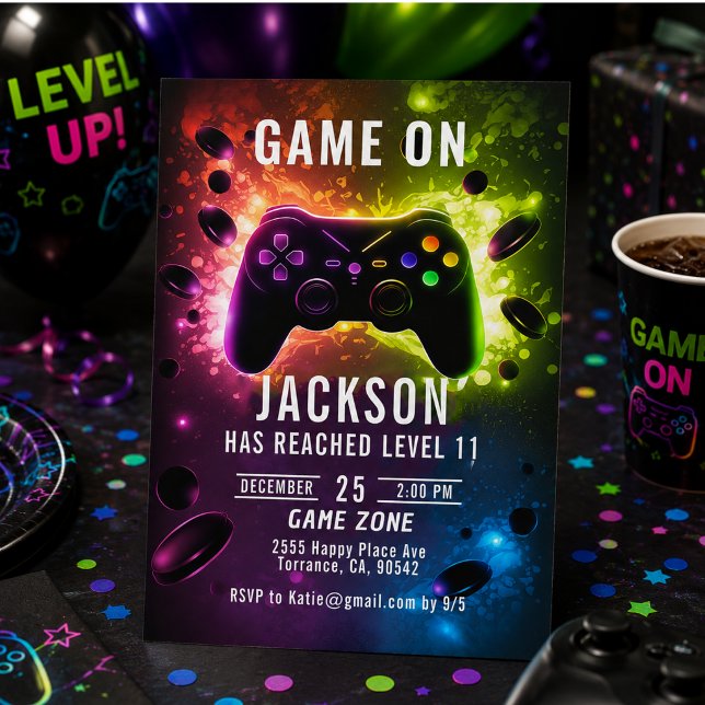 Invitación ¡Sube de Nivel! Fiesta de Cumpleaños de Videojuego (Level Up! Neon Video Game Birthday Party Invitation)