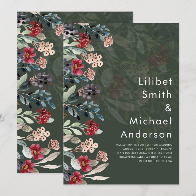 Invitación Sublime Burgundy Blue Wildflowers Boda Elegante (Anverso / Reverso)
