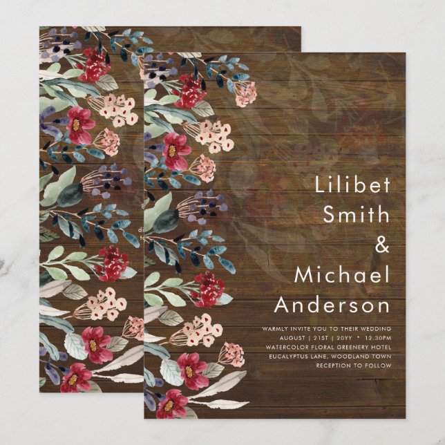 Invitación Sublime Burgundy Blue Wildflowers Boda Elegante (Anverso / Reverso)