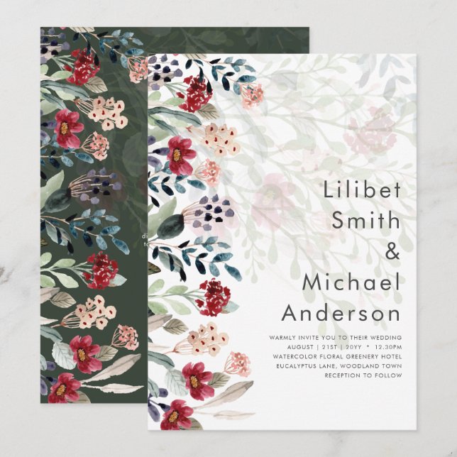 Invitación Sublime Burgundy Blue Wildflowers Boda Elegante (Anverso / Reverso)