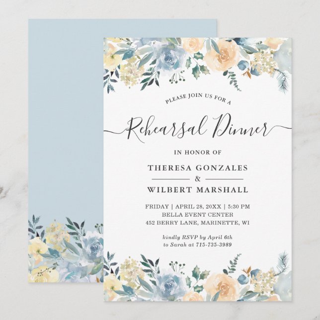 Invitación Sublime vainilla Blue Floral Ensayo de cena (Anverso / Reverso)
