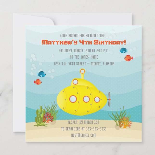 Invitación Submarino Amarillo Mar Profundo (Anverso)