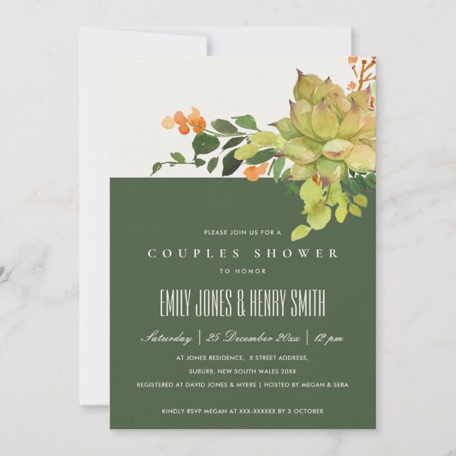 INVITACIÓN SUCCULENT CACTUS FLORAL WATERCOLOR COUPLES SHOWER (Anverso)