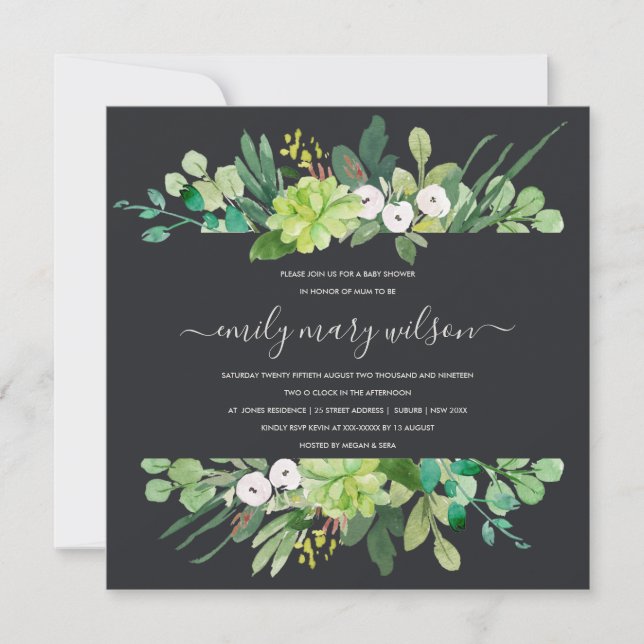 INVITACIÓN SUCCULENT FOLIAGE FRAME WATERCOLOR BABY SHOWER (Anverso)