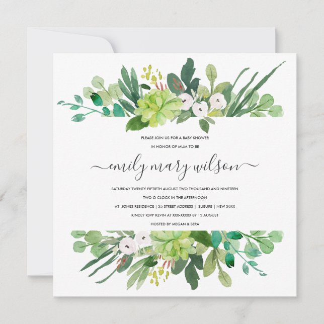 INVITACIÓN SUCCULENT FOLIAGE FRAME WATERCOLOR BABY SHOWER (Anverso)