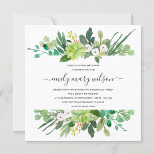 INVITACIÓN SUCCULENT FOLIAGE FRAME WATERCOLOR BABY SHOWER