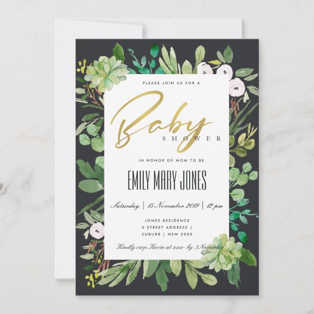 INVITACIÓN SUCCULENT FOLIAGE WREATATH WATERCOLOR BABY SHOWER (Anverso)