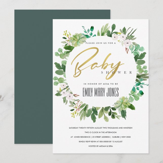 INVITACIÓN SUCCULENT FOLIAGE WREATATH WATERCOLOR BABY SHOWER (Anverso / Reverso)