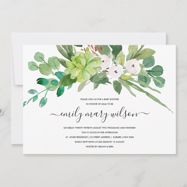 INVITACIÓN SUCCULENT FOLIAGE WREATATH WATERCOLOR BABY SHOWER (Anverso)