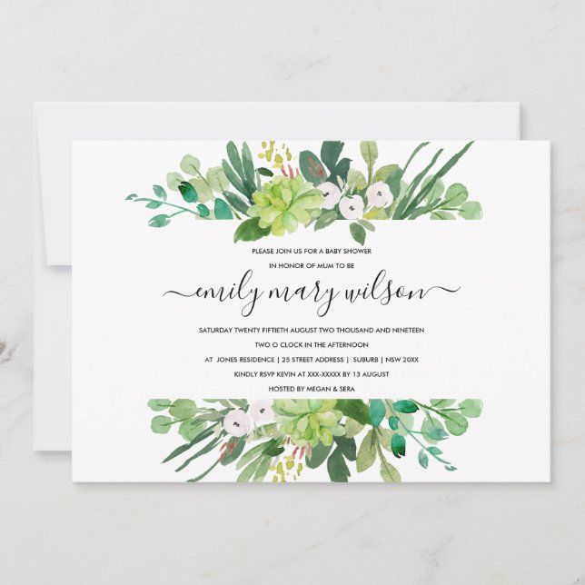 INVITACIÓN SUCCULENT FOLIAGE WREATATH WATERCOLOR BABY SHOWER (Anverso)