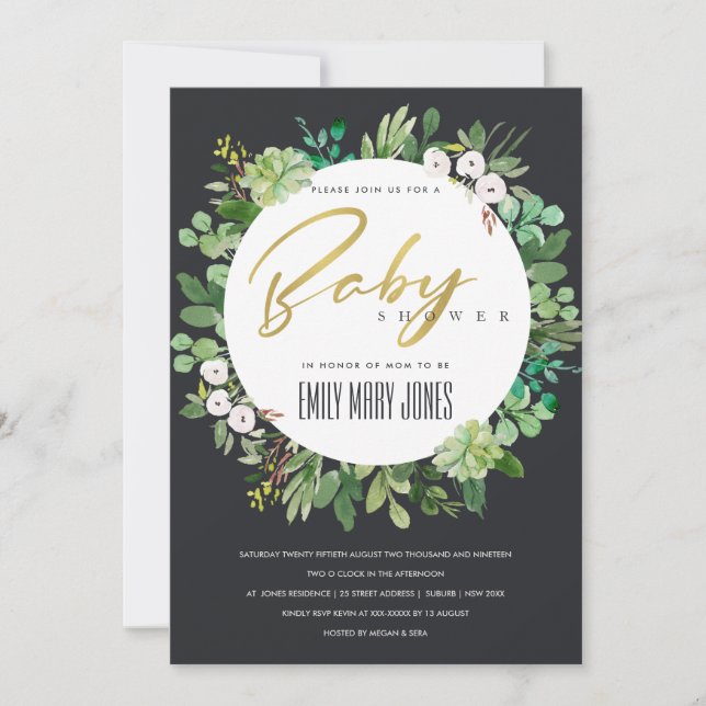 INVITACIÓN SUCCULENT FOLIAGE WREATATH WATERCOLOR BABY SHOWER (Anverso)