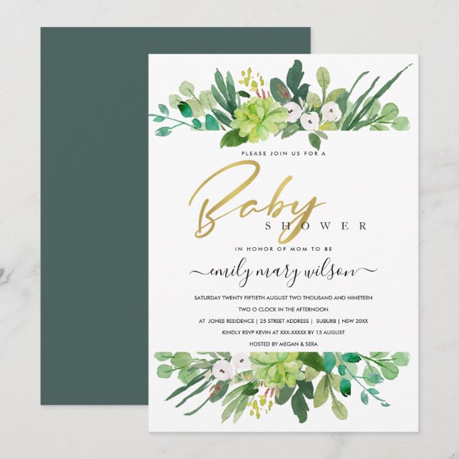 INVITACIÓN SUCCULENT FOLIAGE WREATATH WATERCOLOR BABY SHOWER (Anverso / Reverso)