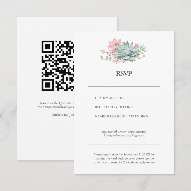 Invitación Succulent Hybrid Wedding RSVP Card with QR Code (Anverso / Reverso)