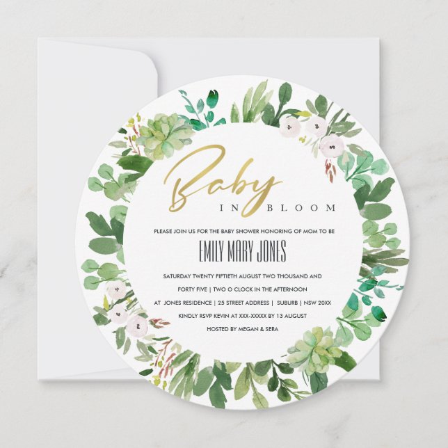 INVITACIÓN SUCCULENT WREATARE FOLIAGE BABY IN BLOOM SHOWER (Anverso)
