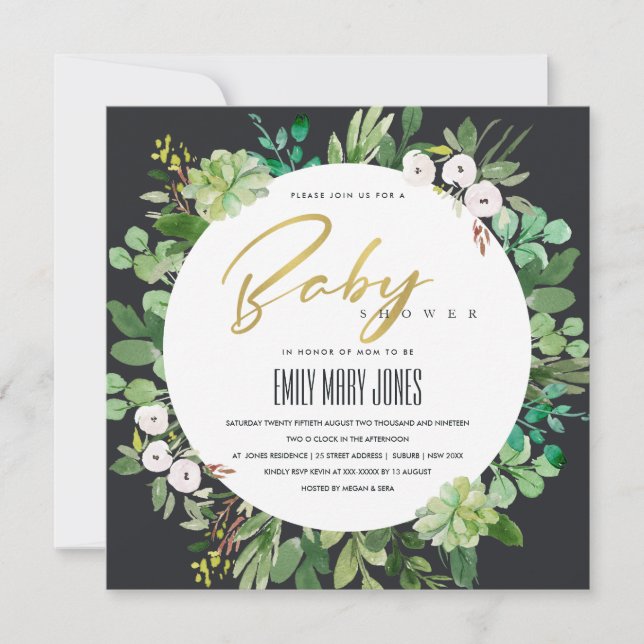 INVITACIÓN SUCCULENT WREATARE FOLIAGE WATERCOLOR BABY SHOWER (Anverso)