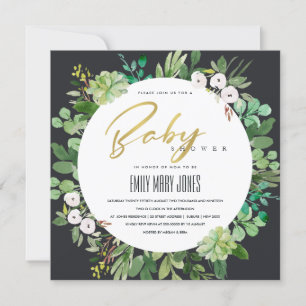 INVITACIÓN SUCCULENT WREATARE FOLIAGE WATERCOLOR BABY SHOWER