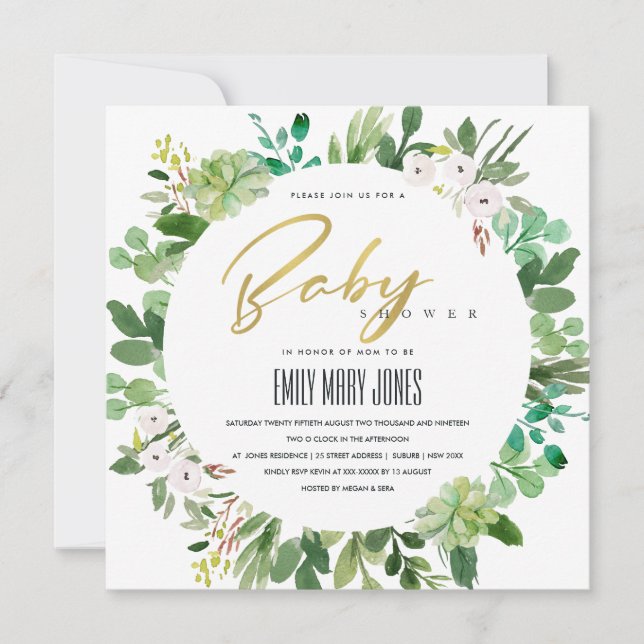 INVITACIÓN SUCCULENT WREATARE FOLIAGE WATERCOLOR BABY SHOWER (Anverso)