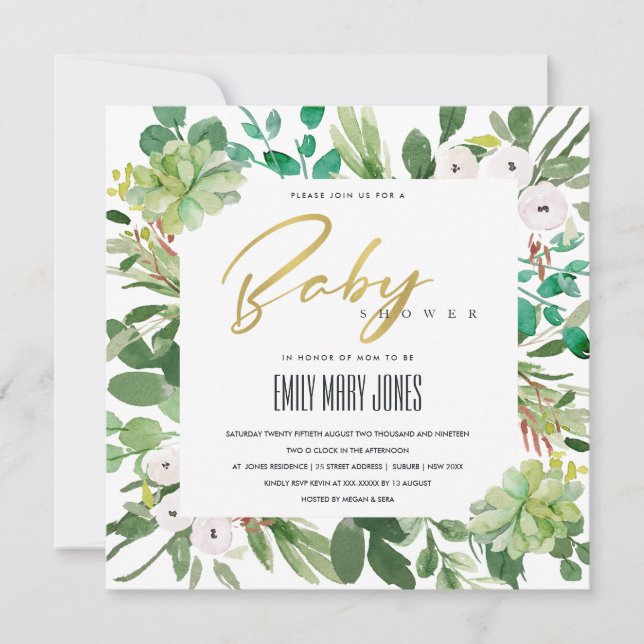 INVITACIÓN SUCCULENT WREATARE FOLIAGE WATERCOLOR BABY SHOWER (Anverso)