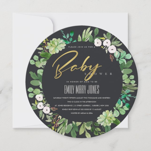 INVITACIÓN SUCCULENT WREATARE FOLIAGE WATERCOLOR BABY SHOWER (Anverso)