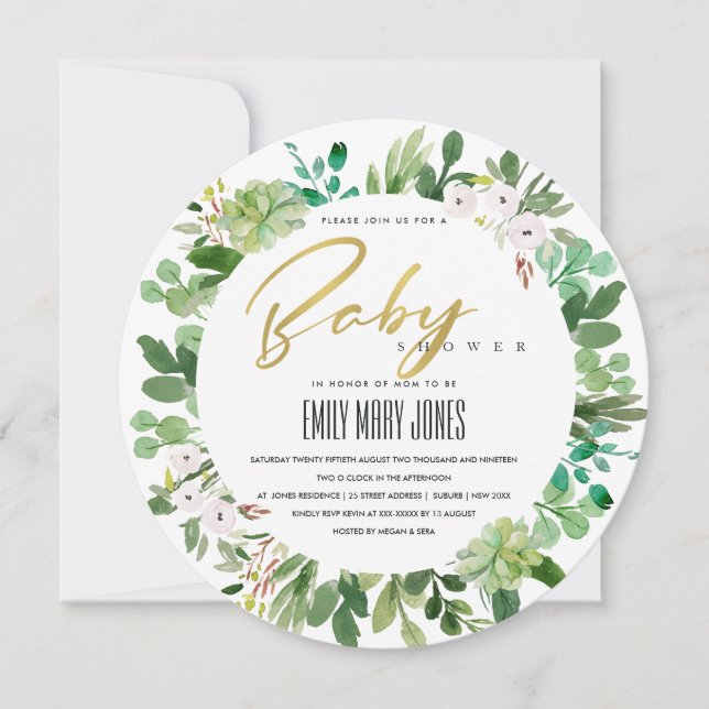 INVITACIÓN SUCCULENT WREATARE FOLIAGE WATERCOLOR BABY SHOWER (Anverso)
