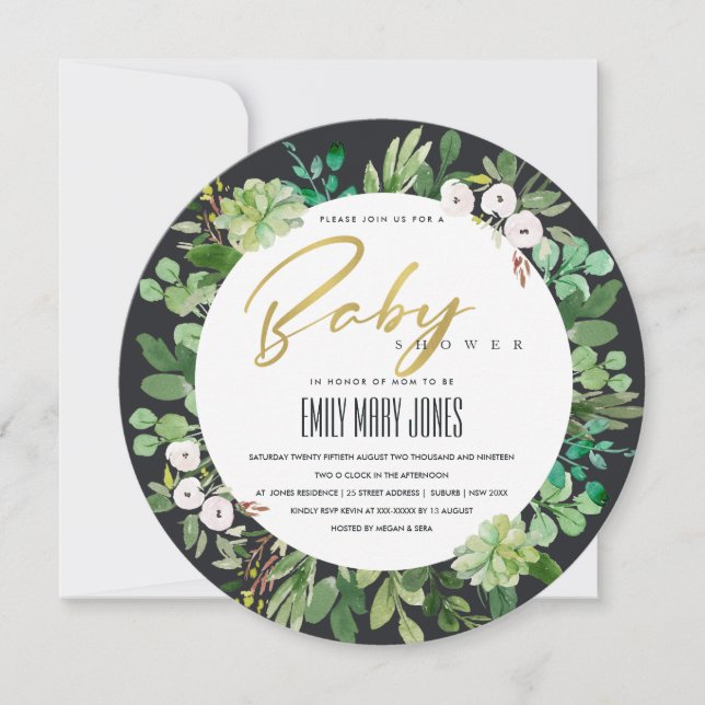 INVITACIÓN SUCCULENT WREATARE FOLIAGE WATERCOLOR BABY SHOWER (Anverso)