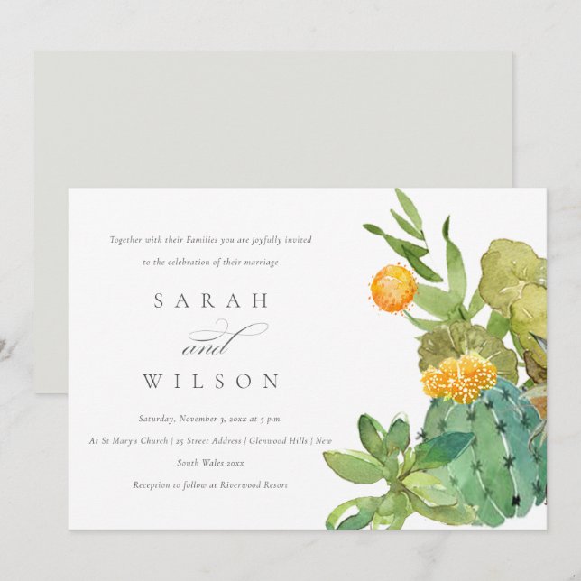 INVITACIÓN SUCCULTE CACTUS FLORAL GARDEN WATERCOLOR BODA (Anverso / Reverso)
