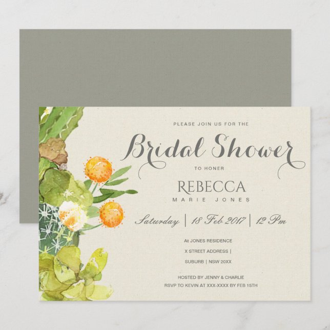 Invitación SUCCULTE CACTUS FLORAL JARDÍN Ducha de novia (Anverso / Reverso)