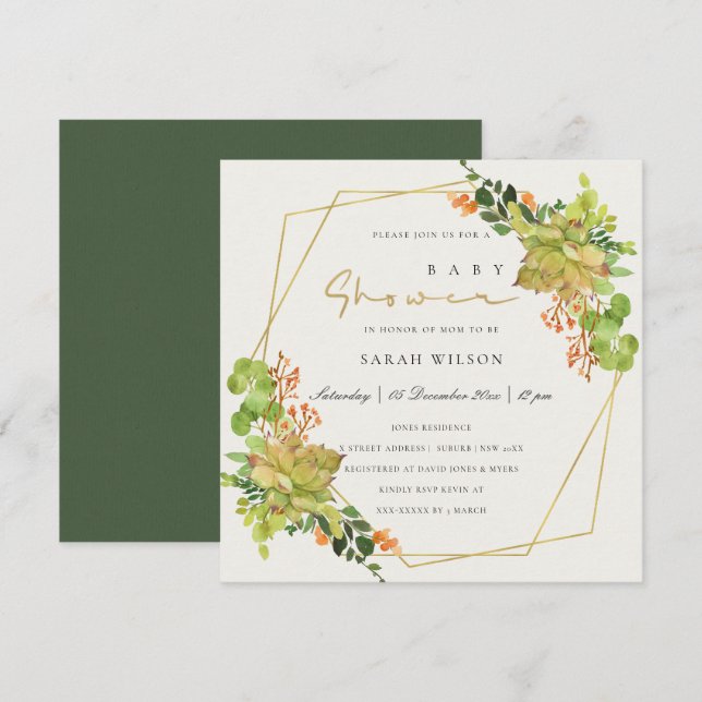 INVITACIÓN SUCCULTE CACTUS FLORAL WATERCOLOR BABY SHOWER (Anverso / Reverso)
