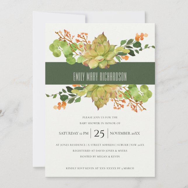 INVITACIÓN SUCCULTE CACTUS FLORAL WATERCOLOR BABY SHOWER (Anverso)