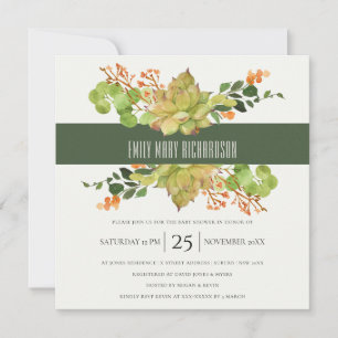 INVITACIÓN SUCCULTE CACTUS FLORAL WATERCOLOR BABY SHOWER